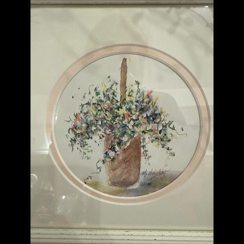 VTG Watercolor Print Signed Framed - Marilyn Hobday COA Floral Basket Co… - Picture 2 of 6